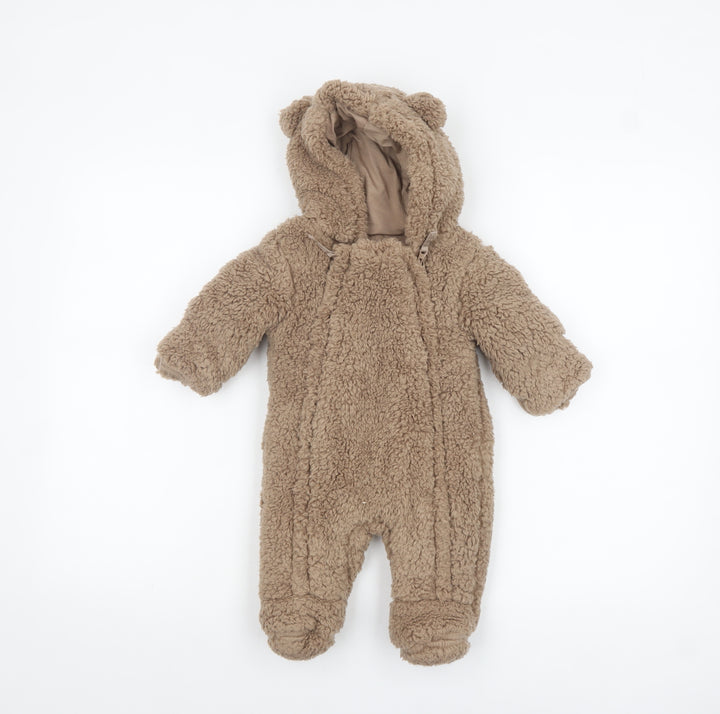 Marks and Spencer Unisex Baby Brown Teddy Snowsuit 0-3 Months Hooded Fleece
