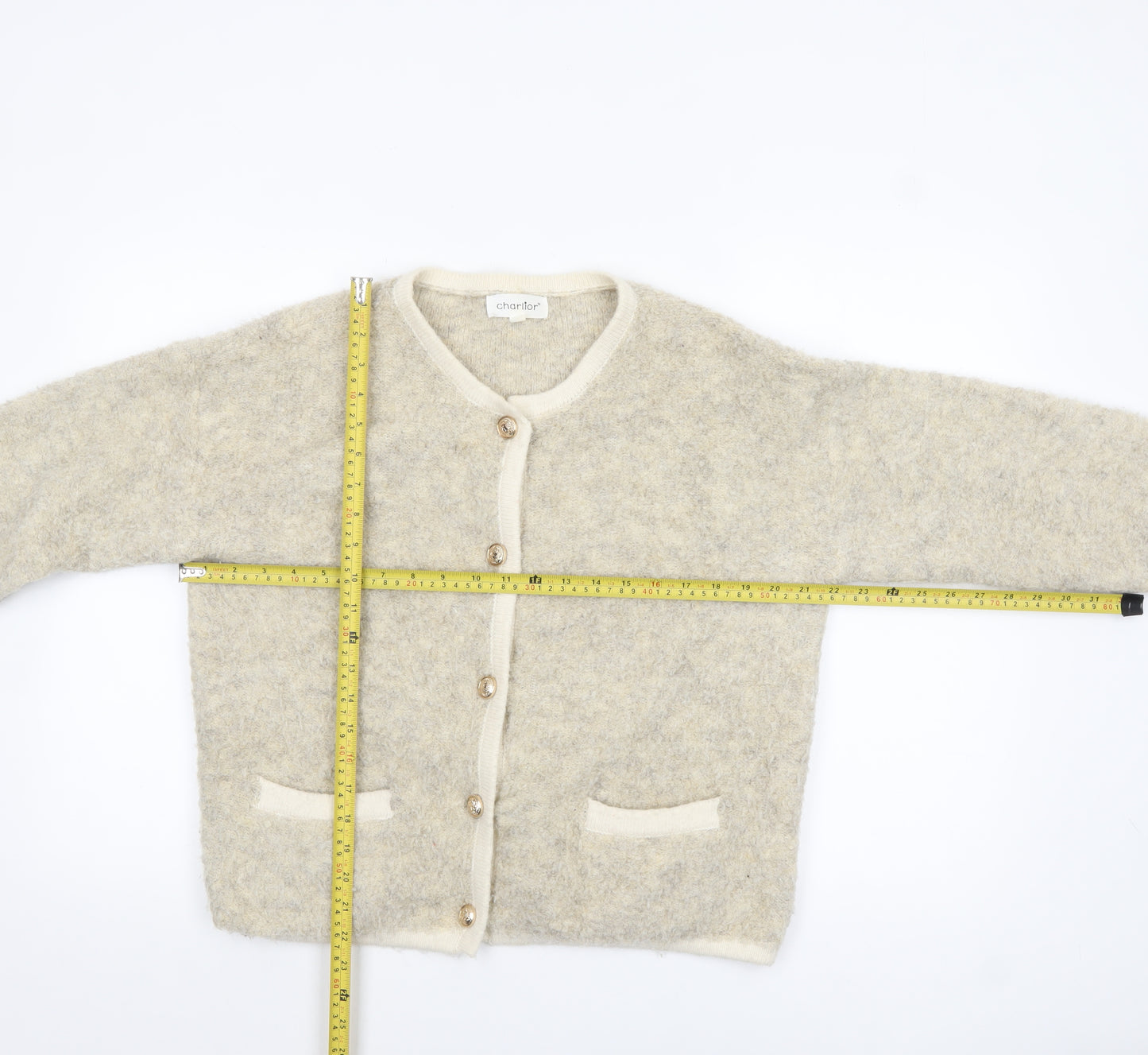 Charlior Women Beige Knit Button Front Long Sleeve Cardigan M/L