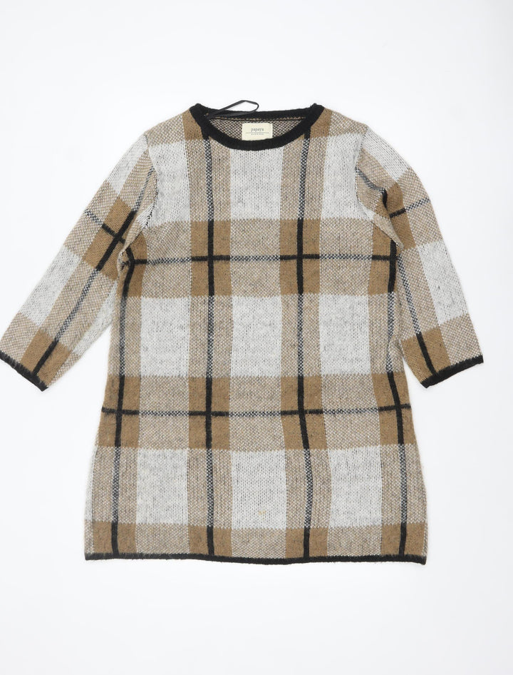 Papaya Weekend Women Beige Check Knit Tunic Jumper Size L