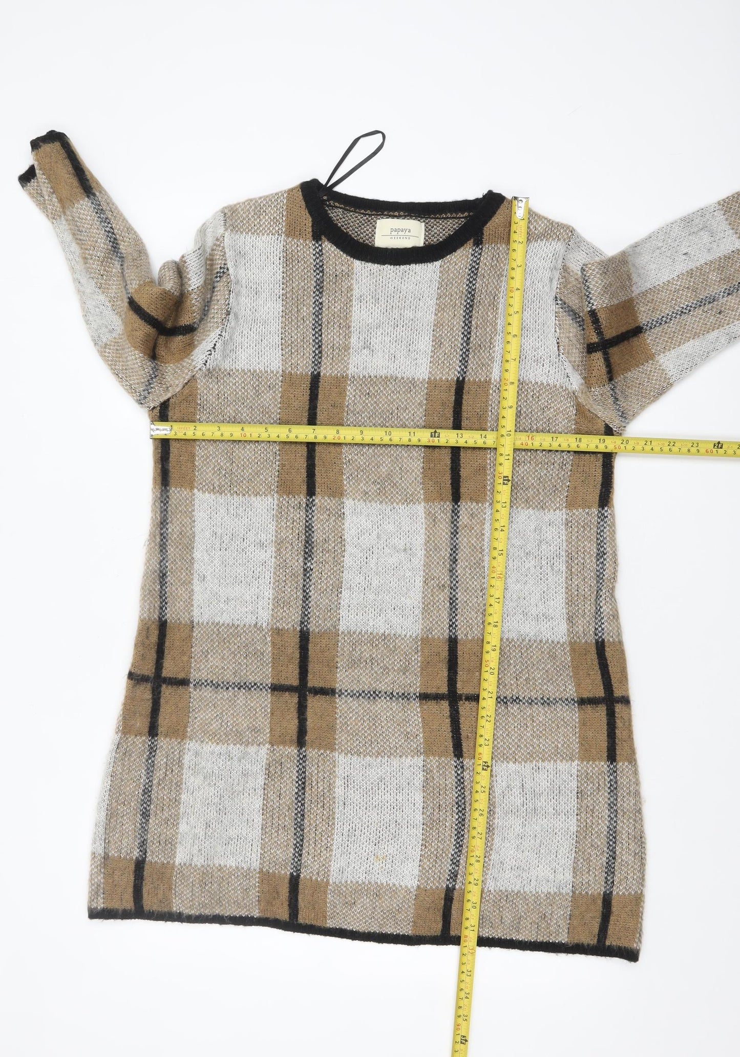Papaya Weekend Women Beige Check Knit Tunic Jumper Size L