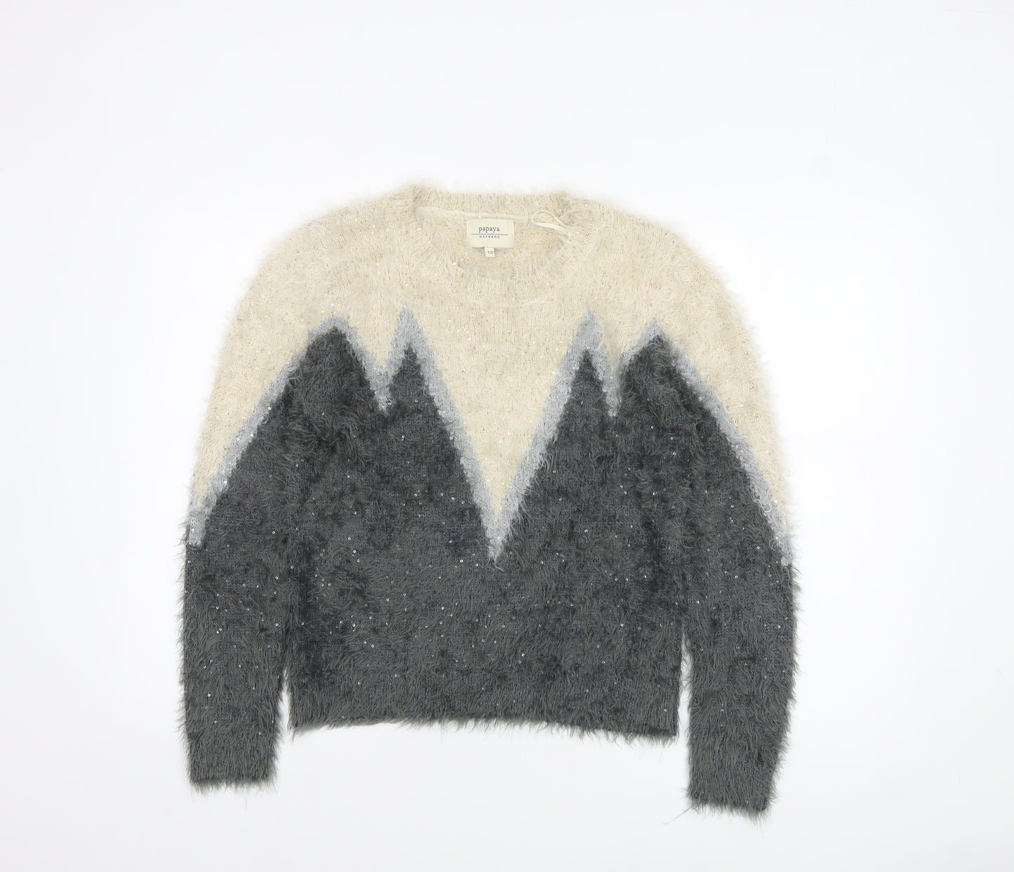 Papaya Women’s Grey Cream Sequin Fuzzy Knit Jumper Size 12