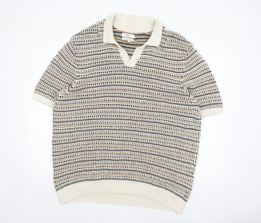 Marks and Spencer Men's Beige 2XL Collared Striped Knit Jumper