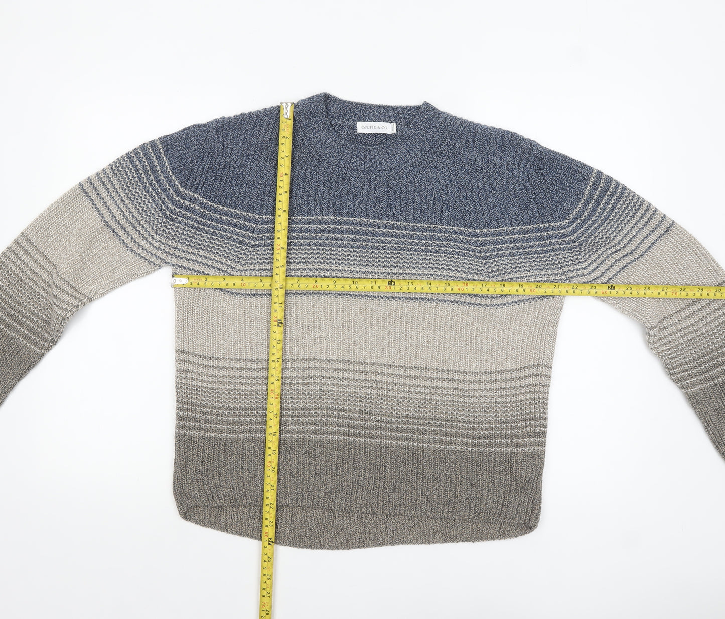 Celtic & Co Women's Blue Grey Striped Wool Cotton Jumper Size S