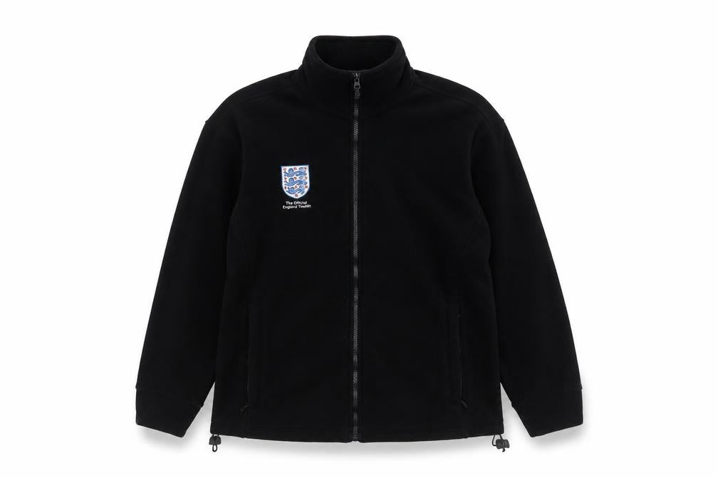 Front view of Designed to Endure Men's Black Fleece Jacket L Full Zip England Logo