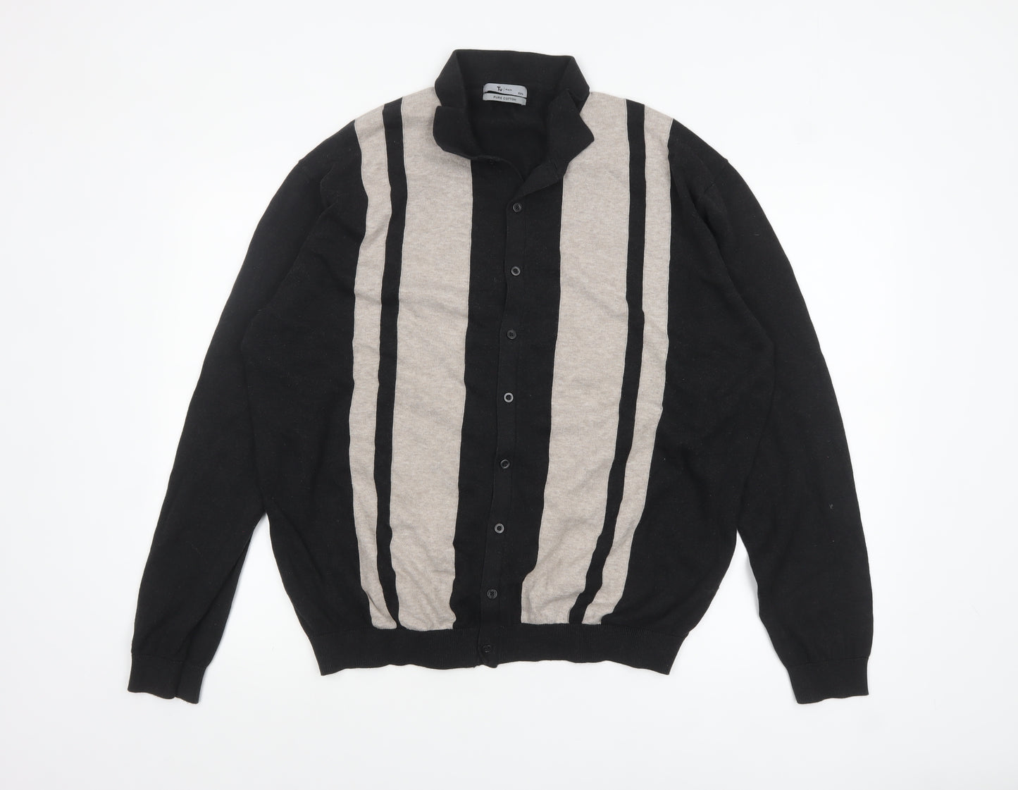 Tu Men’s Black 2XL Cotton Button Up Collared Striped Cardigan