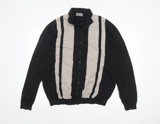 Tu Men’s Black 2XL Cotton Button Up Collared Striped Cardigan