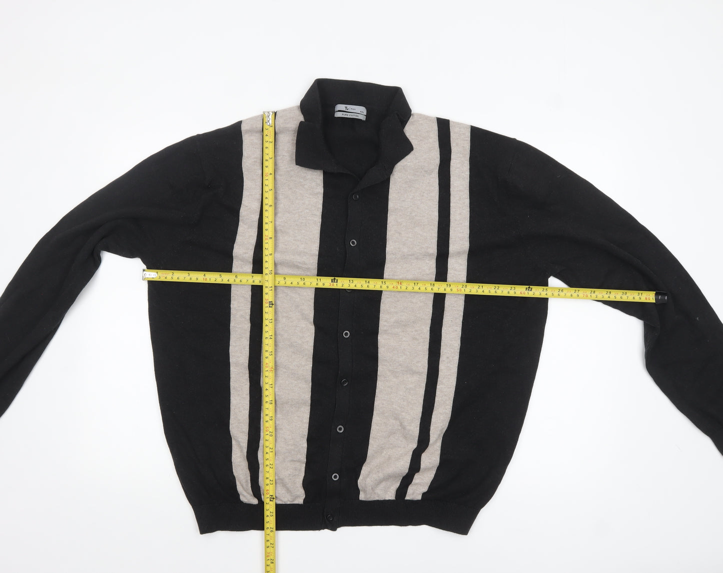 Tu Men’s Black 2XL Cotton Button Up Collared Striped Cardigan