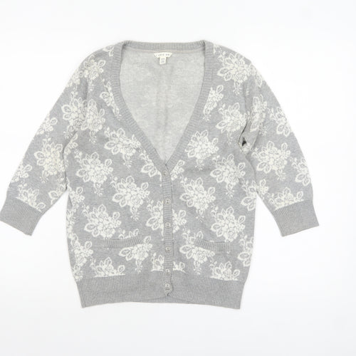Forever 21 Women’s Grey Floral Knit Cotton Cardigan M V-Neck 3/4 Sleeve