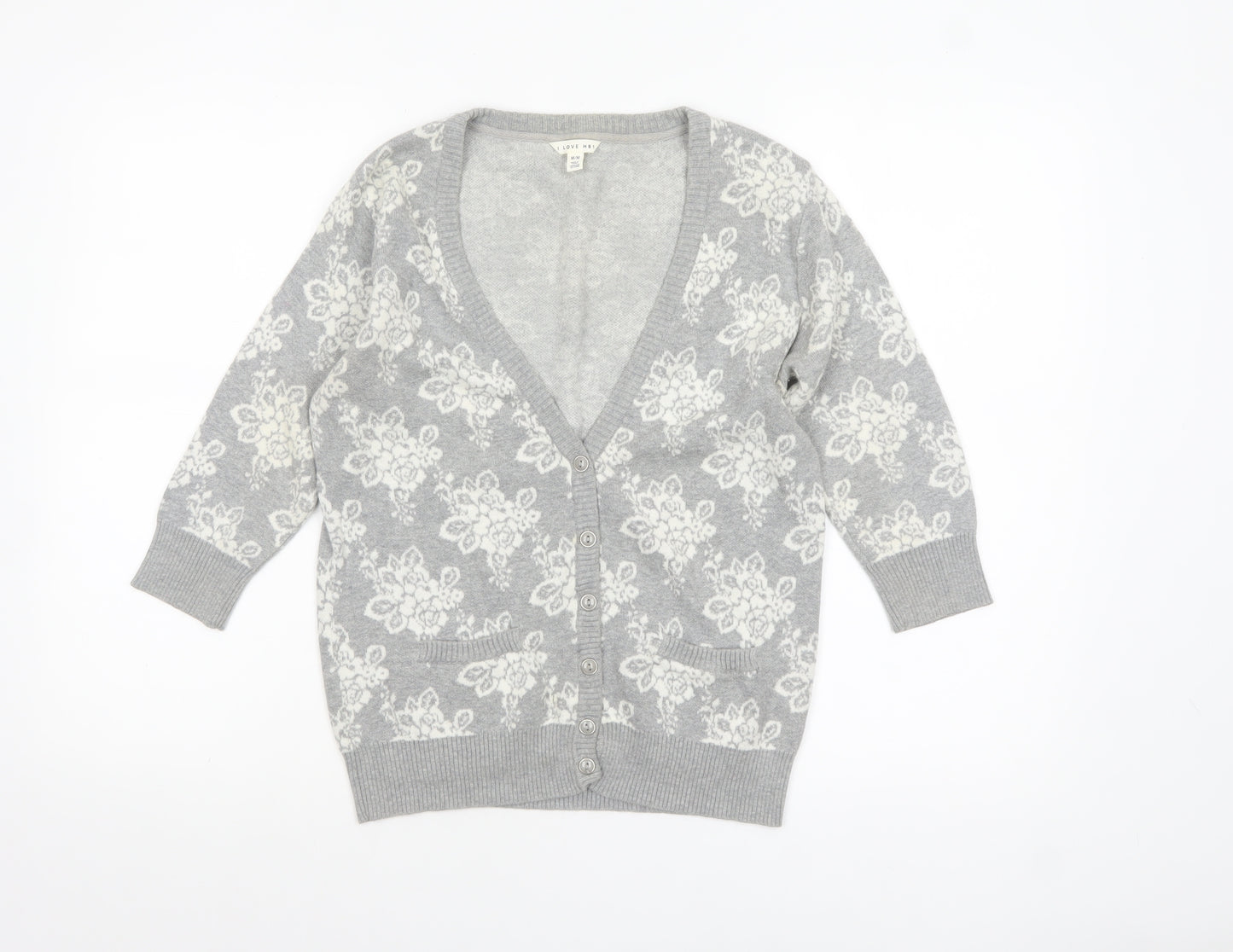 Forever 21 Women’s Grey Floral Knit Cotton Cardigan M V-Neck 3/4 Sleeve