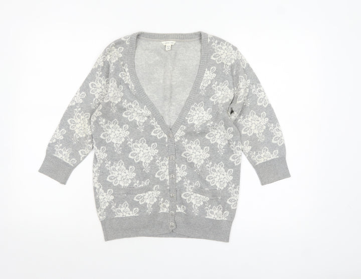 Forever 21 Women’s Grey Floral Knit Cotton Cardigan M V-Neck 3/4 Sleeve