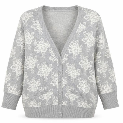 Forever 21 Women’s Grey Floral Knit Cotton Cardigan M V-Neck 3/4 Sleeve