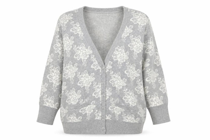Forever 21 Women’s Grey Floral Knit Cotton Cardigan M V-Neck 3/4 Sleeve