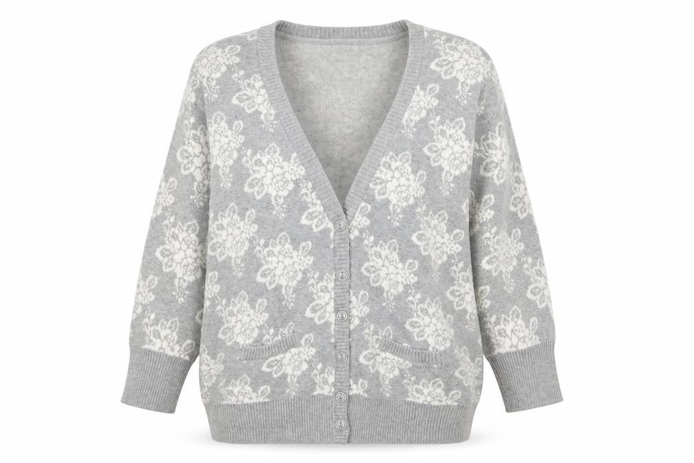 Forever 21 Women’s Grey Floral Knit Cotton Cardigan M V-Neck 3/4 Sleeve