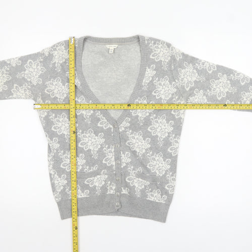 Forever 21 Women’s Grey Floral Knit Cotton Cardigan M V-Neck 3/4 Sleeve