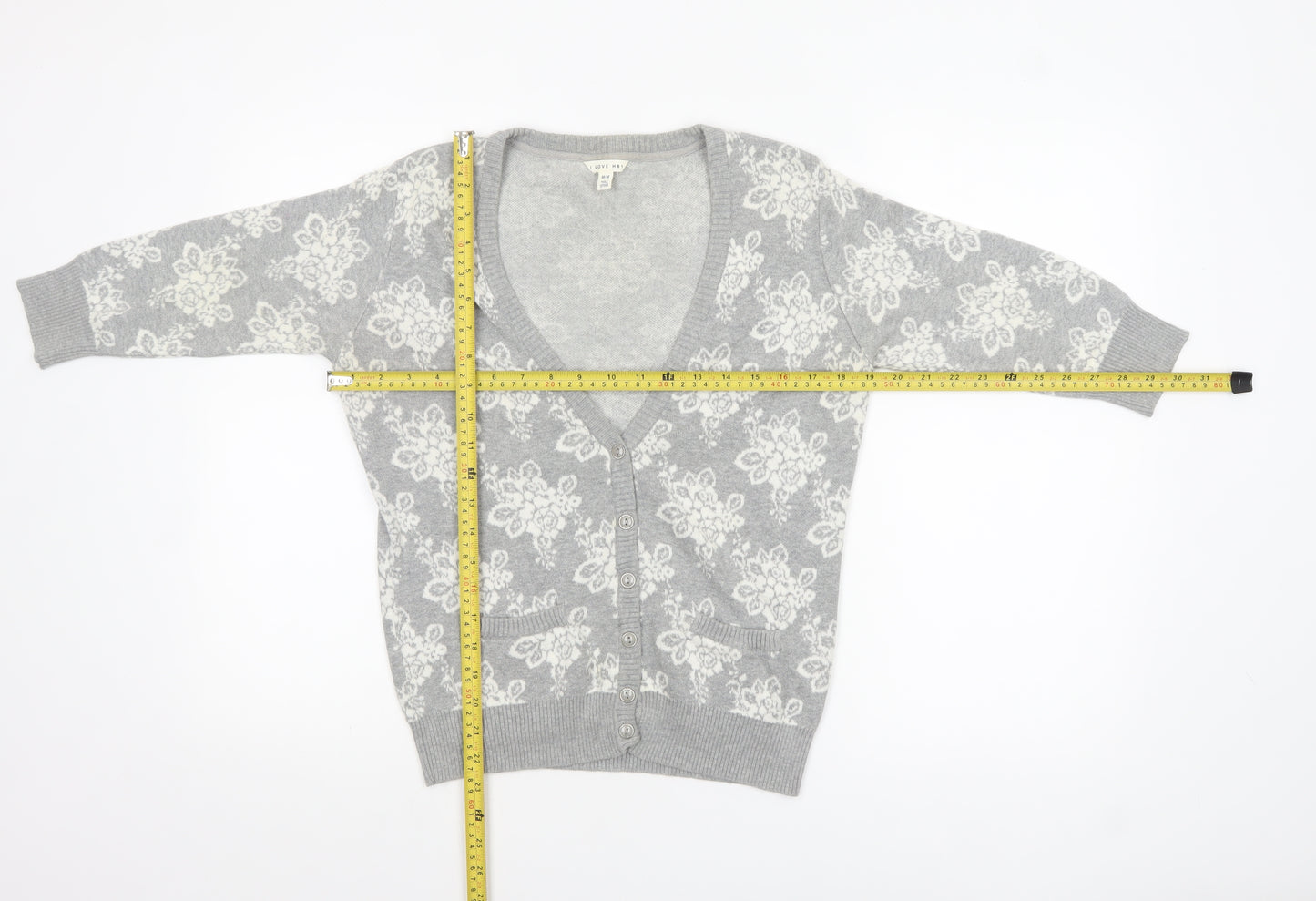 Forever 21 Women’s Grey Floral Knit Cotton Cardigan M V-Neck 3/4 Sleeve