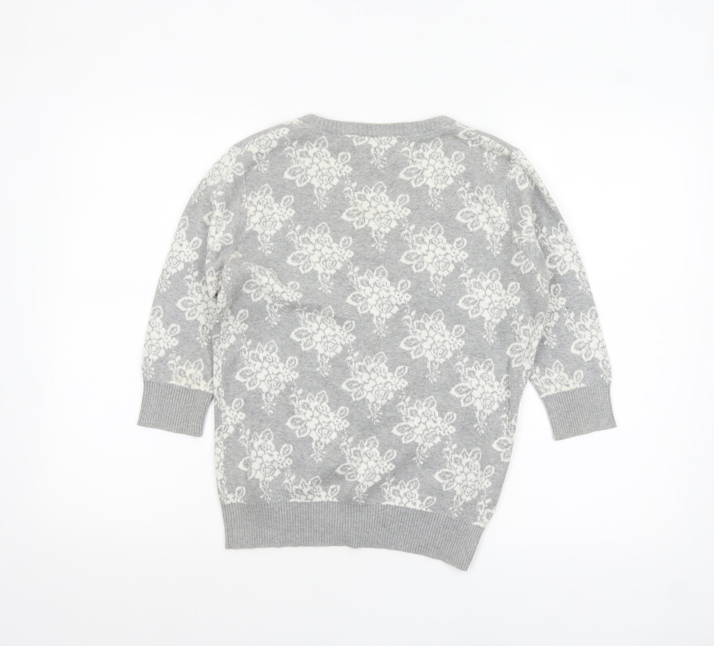 Forever 21 Women’s Grey Floral Knit Cotton Cardigan M V-Neck 3/4 Sleeve