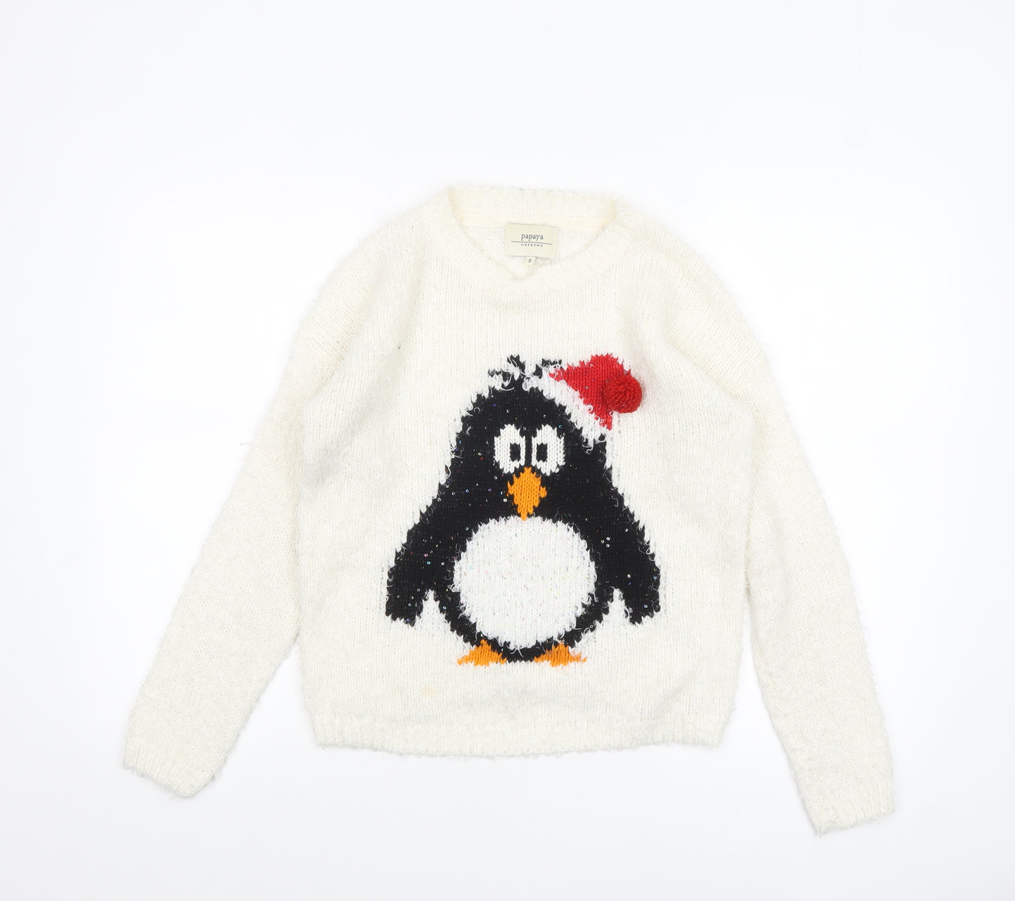 Papaya Weekend Women Ivory Christmas Penguin Jumper Size S
