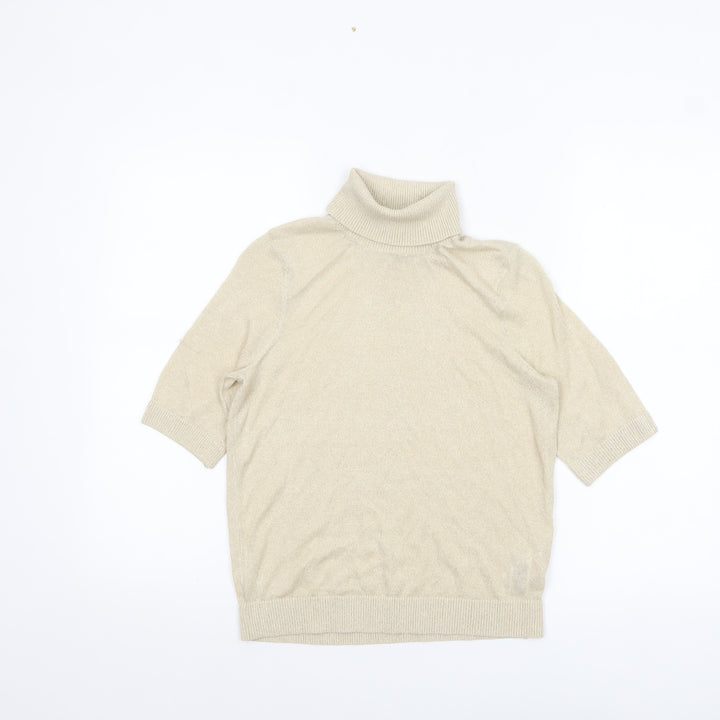 Marks and Spencer Womens Beige Glitter Roll Neck Short Sleeve Jumper XS