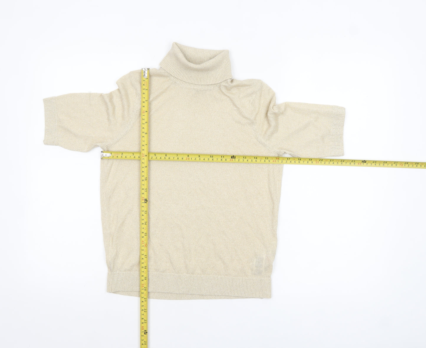 Marks and Spencer Womens Beige Glitter Roll Neck Short Sleeve Jumper XS