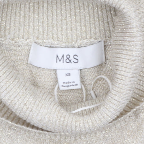 Marks and Spencer Womens Beige Glitter Roll Neck Short Sleeve Jumper XS