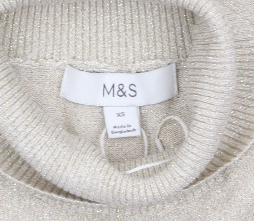 Marks and Spencer Womens Beige Glitter Roll Neck Short Sleeve Jumper XS