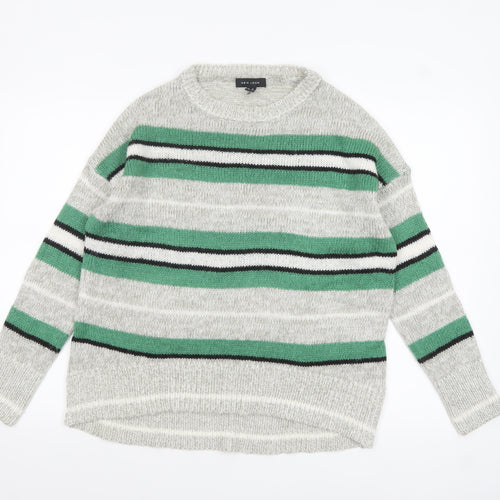 New Look Women's Grey Striped Acrylic Crew Neck Jumper M