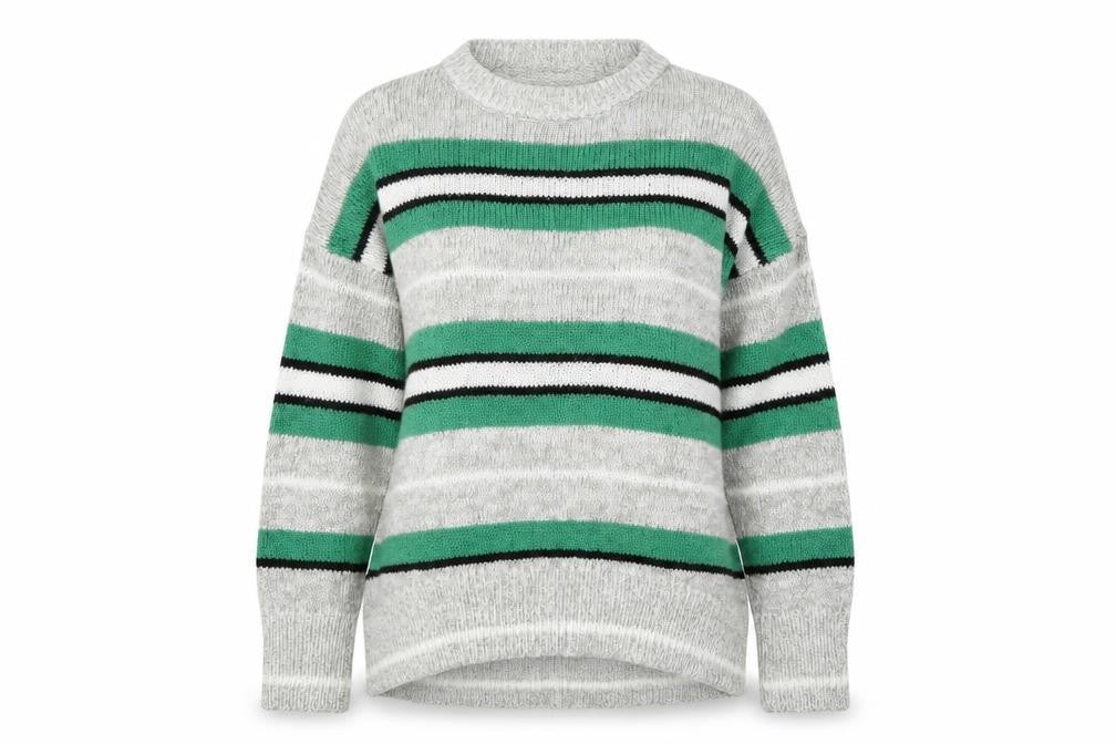 Front view of New Look Women's Grey Striped Acrylic Crew Neck Jumper M