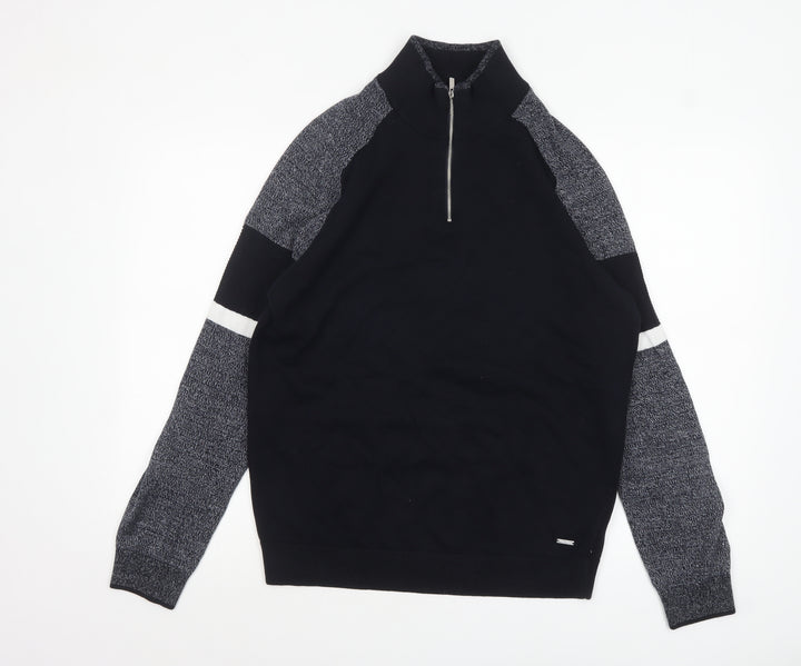 Next Men Black Cotton Half Zip High Neck Jumper Size L