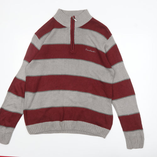 Pierre Cardin Men Red Grey Striped 1/2 Zip High Neck Jumper L