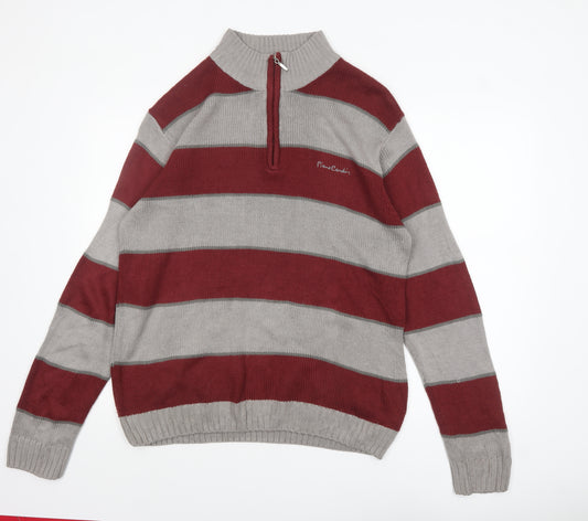 Pierre Cardin Men Red Grey Striped 1/2 Zip High Neck Jumper L