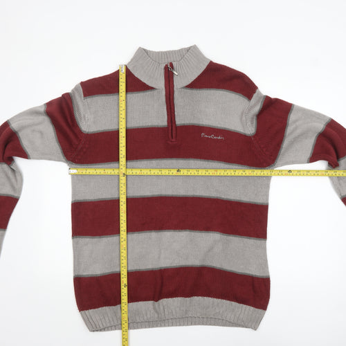 Pierre Cardin Men Red Grey Striped 1/2 Zip High Neck Jumper L