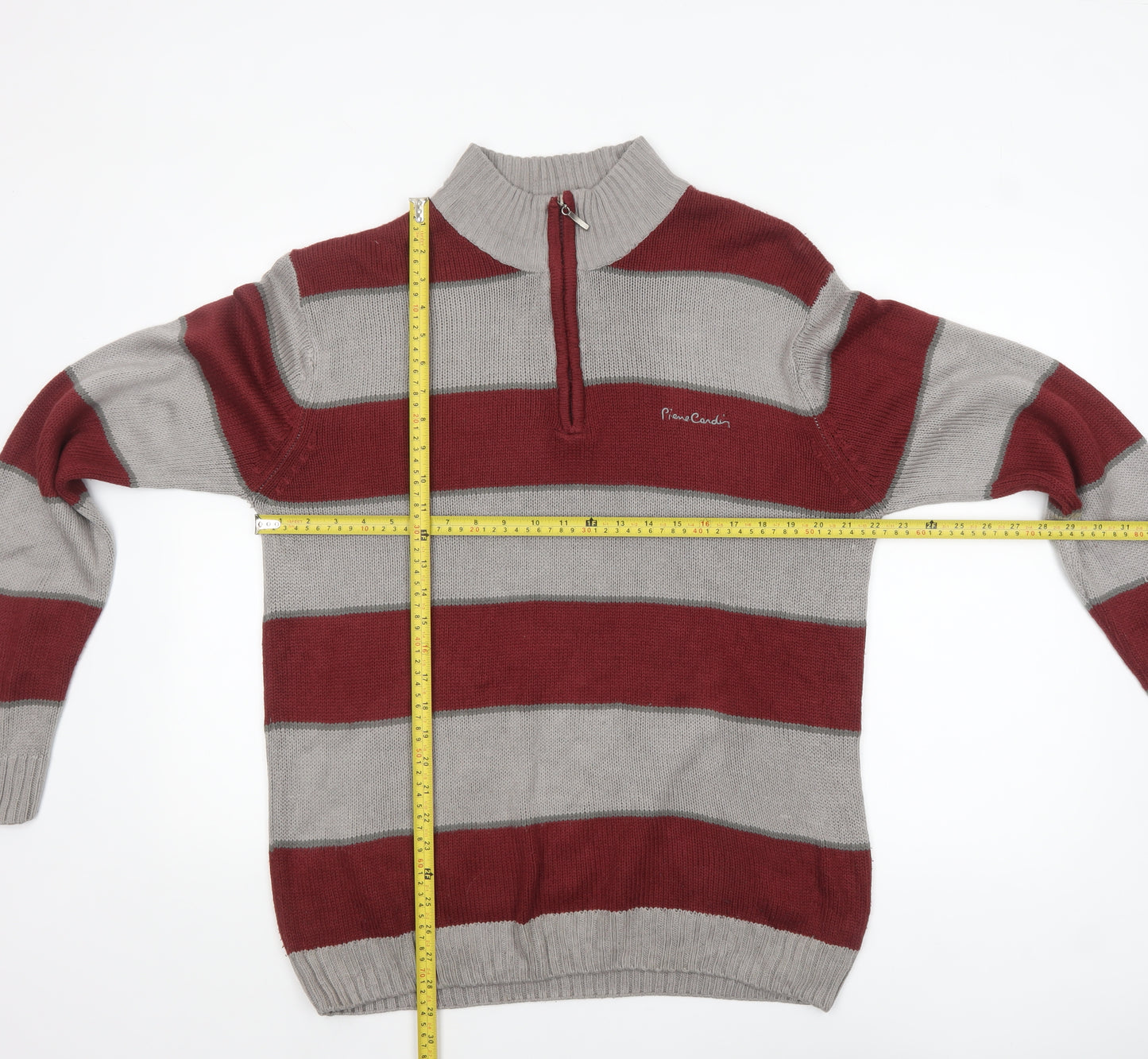 Pierre Cardin Men Red Grey Striped 1/2 Zip High Neck Jumper L