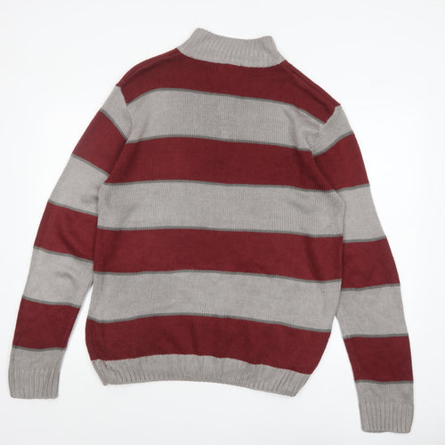 Pierre Cardin Men Red Grey Striped 1/2 Zip High Neck Jumper L
