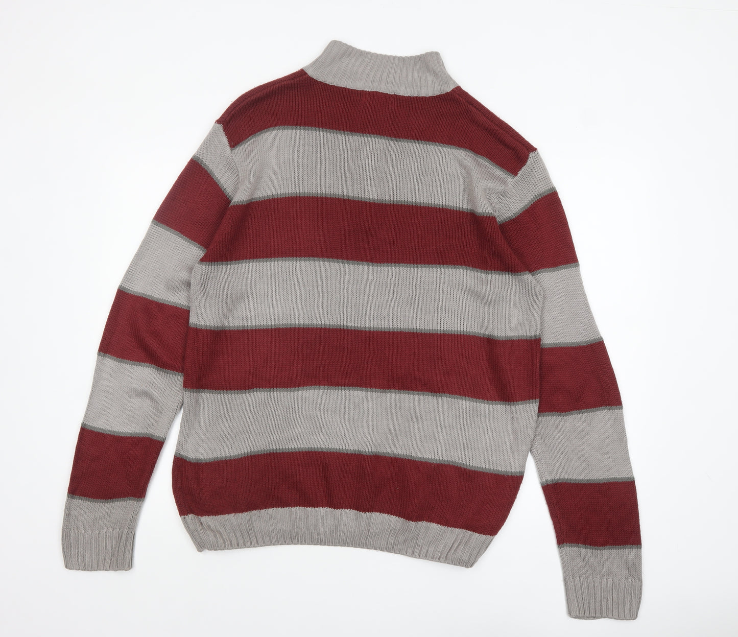 Pierre Cardin Men Red Grey Striped 1/2 Zip High Neck Jumper L