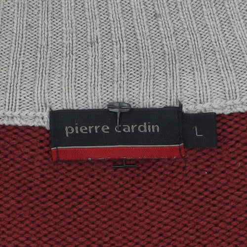 Pierre Cardin Men Red Grey Striped 1/2 Zip High Neck Jumper L