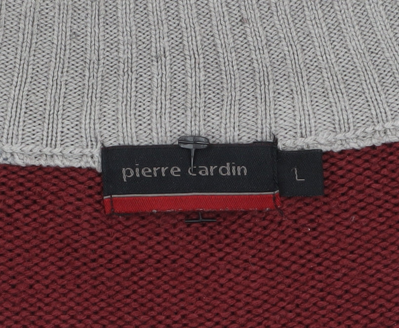 Pierre Cardin Men Red Grey Striped 1/2 Zip High Neck Jumper L