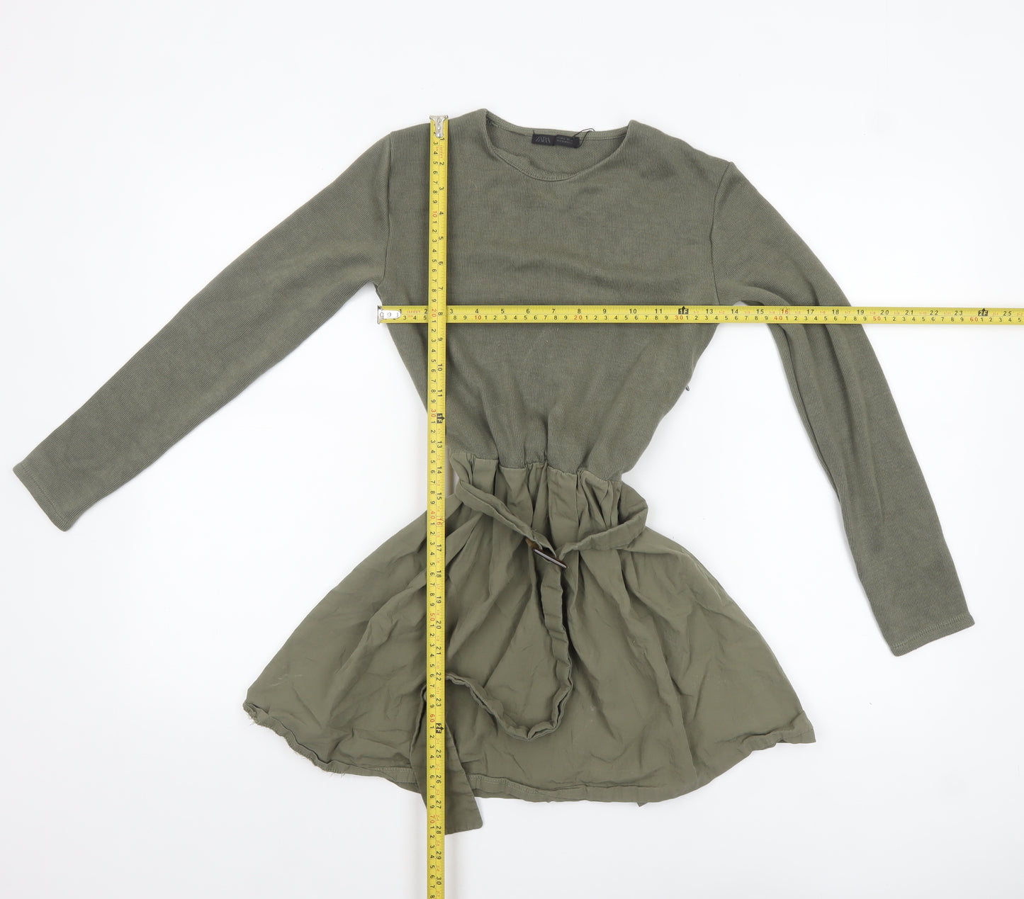 Zara Women’s Green Long Sleeve Belted Tunic Blouse Size S