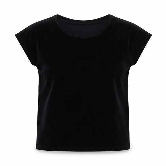 Front view of Tu Women’s Black Velvet Short Sleeve Scoop Neck Top, size UK 12