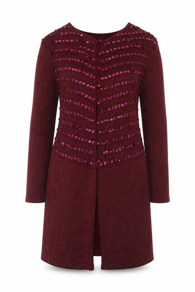 Front view of Jacques Vert Women Red Sequin Long Sleeve Open Cardigan, size M