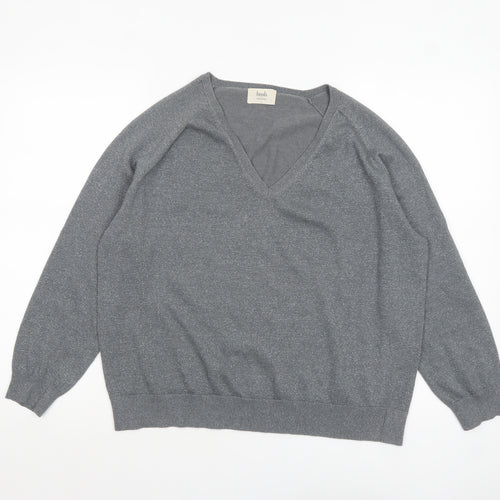 Hush Women's Grey V-Neck Knit Jumper Size S Relaxed Fit