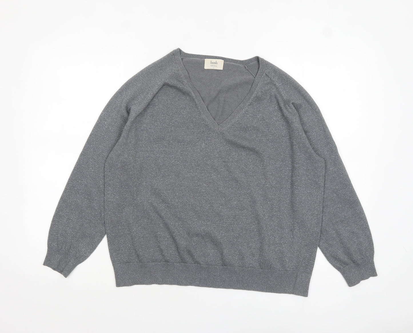 Hush Women's Grey V-Neck Knit Jumper Size S Relaxed Fit