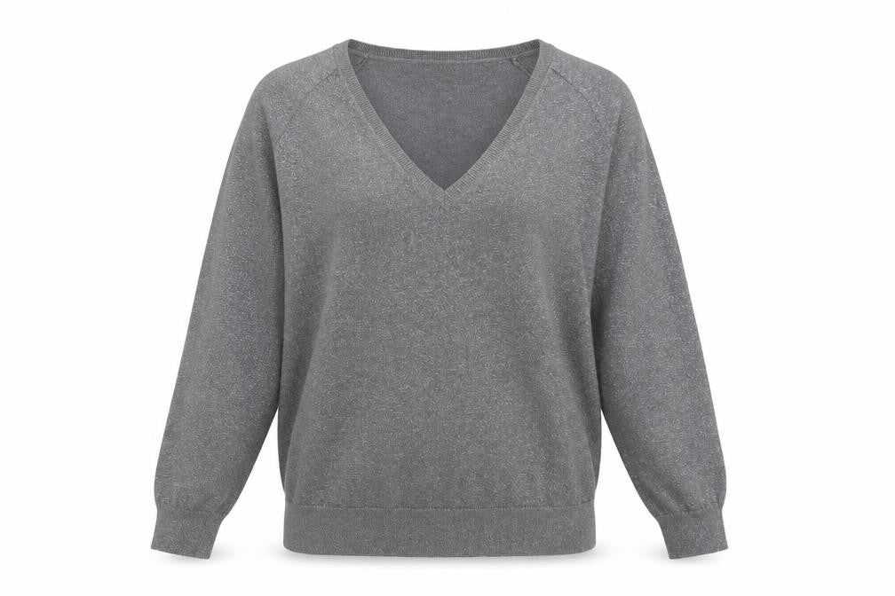 Front view of Hush Women's Grey V-Neck Knit Jumper, size S, Relaxed Fit