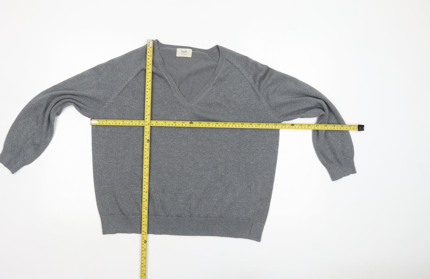 Hush Women's Grey V-Neck Knit Jumper Size S Relaxed Fit