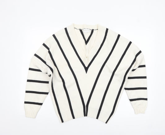 Apricot Women Ivory Black Striped V-Neck Relaxed Knit Jumper UK 12