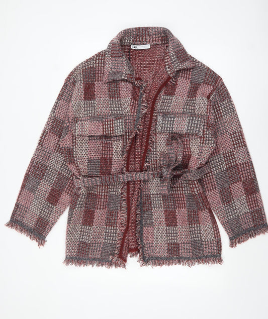 Zara Women Red Grey Check Belted Cardigan L Wool Blend