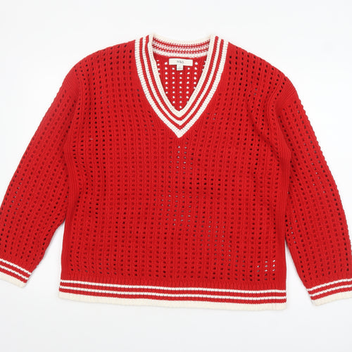 Marks and Spencer Women's Red V-Neck Open Knit Pullover Jumper M
