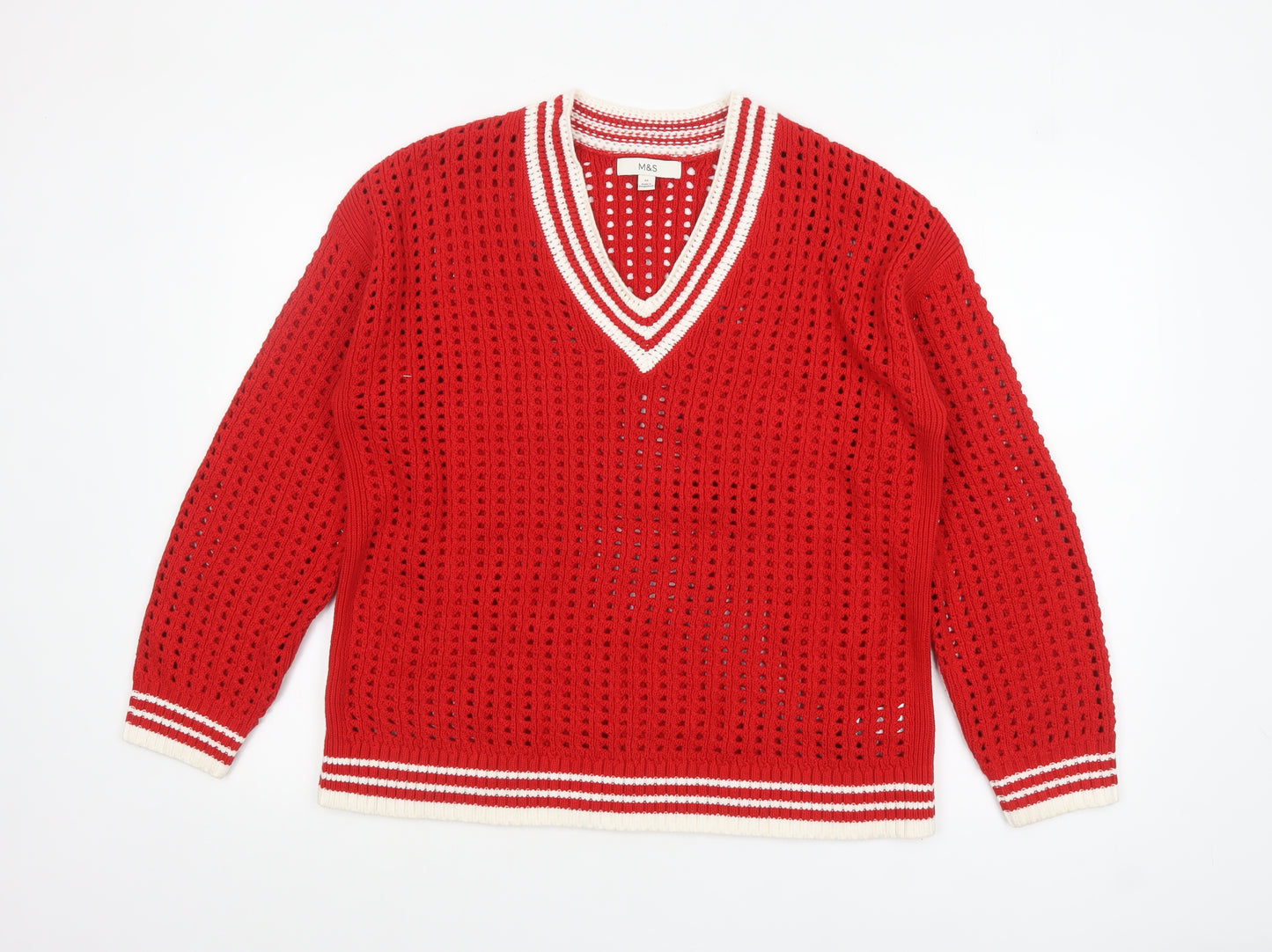 Marks and Spencer Women's Red V-Neck Open Knit Pullover Jumper M