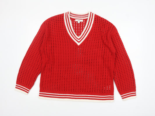 Marks and Spencer Women's Red V-Neck Open Knit Pullover Jumper M