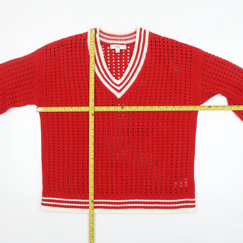 Marks and Spencer Women's Red V-Neck Open Knit Pullover Jumper M