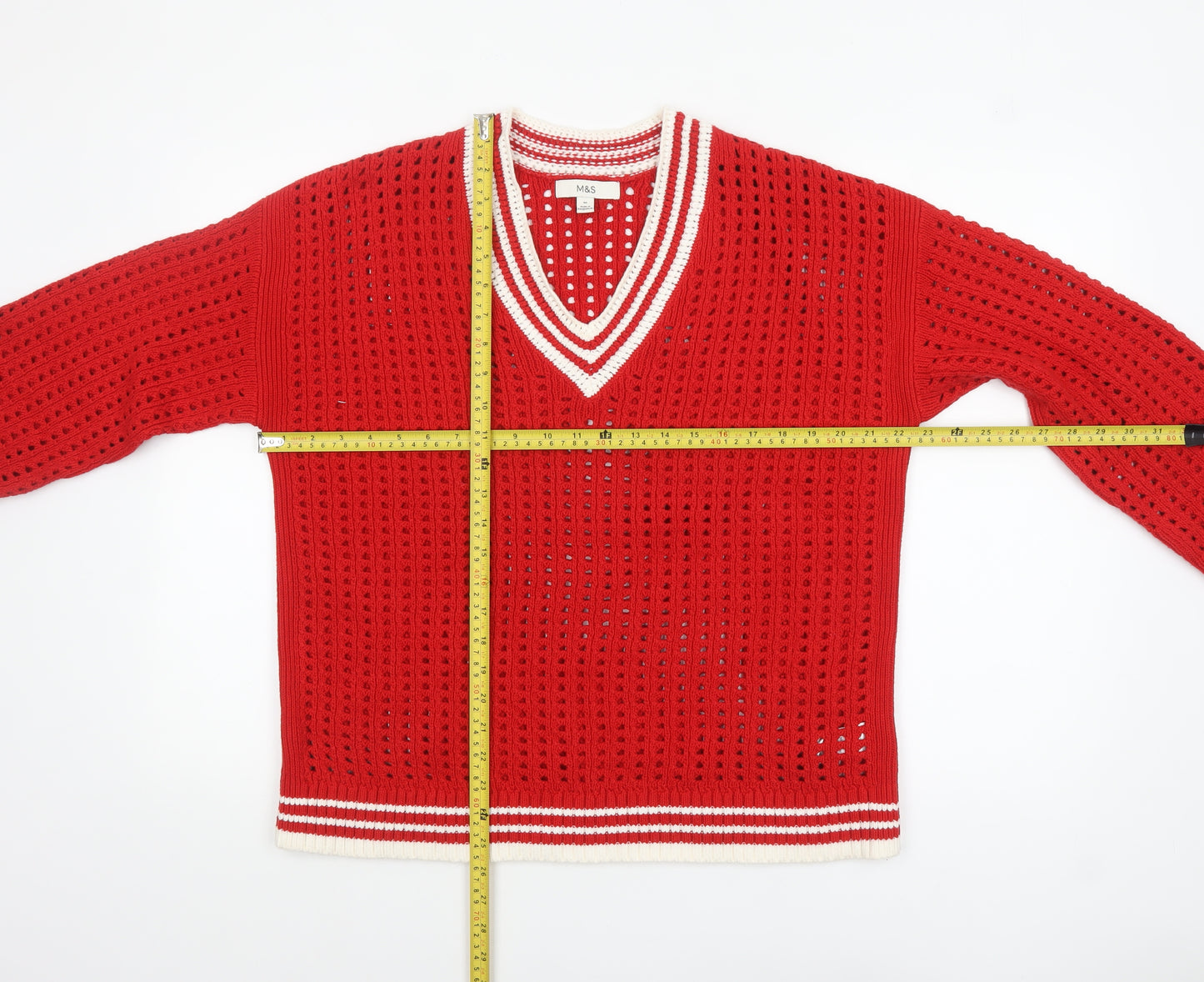 Marks and Spencer Women's Red V-Neck Open Knit Pullover Jumper M